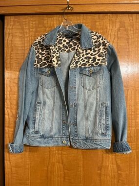 Forever 21 Light Blue Denim Jacket with Leopard Yoke